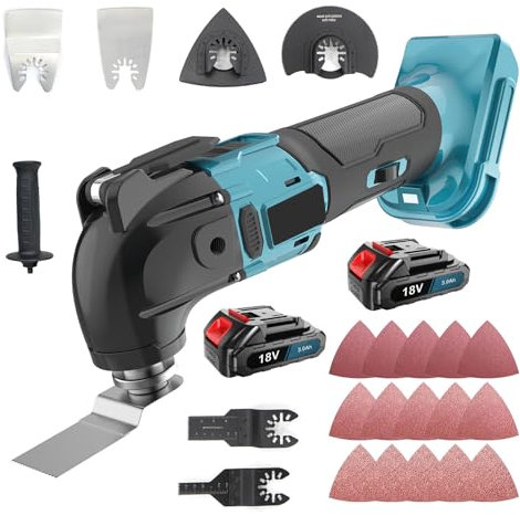 Akku multitool,Ersatz für Makita 18V Akku,18V Kabelloses Oszillierendes Werkzeug-Set,mit 2x 3.0AH Akku und Ladegerät, 22 Zubehör, 6 Geschwindigkeit 8000-20500 RPM, zum Schneiden, Polieren, Sägen
