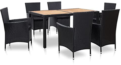 BaraSh 7-TLG. Garten-Essgruppe mit Auflagen Poly Rattan Schwarz Bierpong Tisch