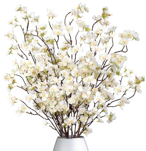 Dremisland 4Pack Artificial Cherry Blossom Flowers 39.3in Faux Cherry Blossom Branches Silk Flowers in Vase White Peach Faux Flowers Spring Decor Wedding Party Home Table Vase Decor