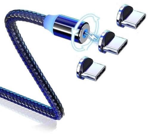 ElectroWorldFR cable cargador magnético 360° 2 metros LED con 3 puntas tipo C 360