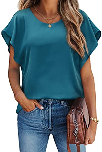 Hotouch Blusen Damen Sommer Tunika Kurzarm Chiffon Bluse Elegant Fledermaus Shirt Batwing Doppellag Mesh Oberteil Türkis L
