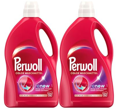 PERWOLL Color Waschmittel 2x 52 WL (104 Waschladungen), Feinwaschmittel reinigt sanft und erneuert Farben und Fasern, für alle farbigen Textilien, Color Waschmittel mit Dreifach-Renew-Technologie
