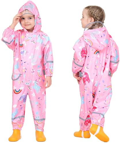 Fewlby Rain Suit Kids Puddle Suit, Boys Girls Waterproof Suit Toddler All in One Waterproof Overall Muddy Suit Cartoon Rainbow Raincoat Rain Wear, XL Size 7-9 Years