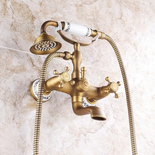 ZYCDP Badewanne Mischbatterie mit Handbrause Wannenarmatur Retro Messing Badewanne Wandmontage Wasserhahn Bad Dusche Armaturen Set, Antiquität