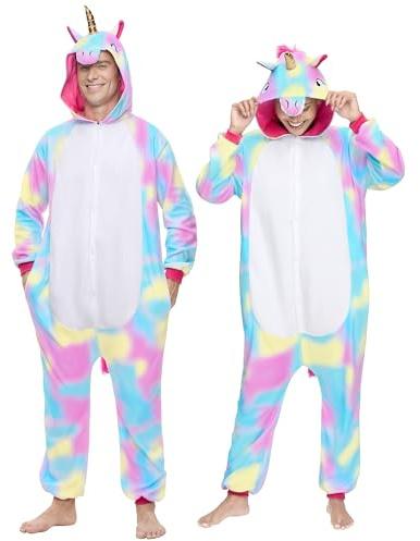 Spooktacular Creations Unisex-Erwachsene Pyjama-Plüsch-Overall, einteilig, blau, buntes Einhorn-Tierkostüm, M