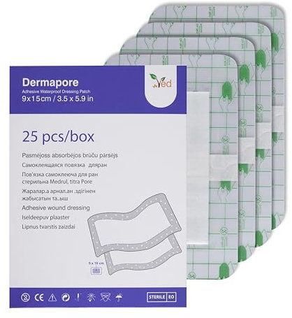 VED Dermapore Apósito adhesivo impermeable para heridas - Adecuado para cortes y rozaduras, úlceras venosas en las piernas, pequeñas úlceras por presión - Mediano, (9 x 15cm (Pack of 25))