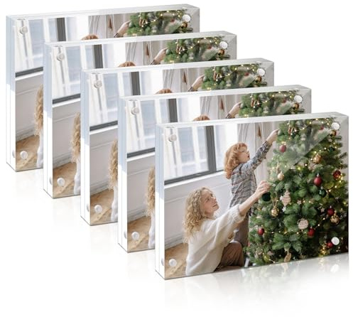 5x7 Acrylic Picture Frames 5 Pack, Thicker Block, Clear Picture Frames Freestanding Double Sided Magnetic Acrylic Lucite Frameless Transparent Square Frame Gift, Tabletop Display for Home Office Desk