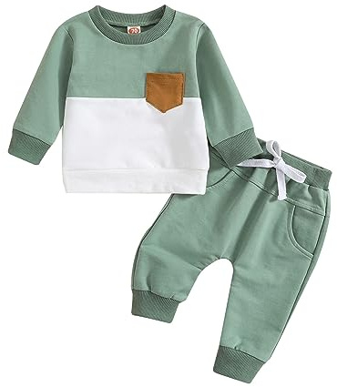 ensembles bébé garçon 3 mois a 3 ans automne decontracte sweats garçon sans capuche col rond tee shirt manche longue avec poche pantalon jogging survetement enfant garcon sport (Green, 18-24 mois)