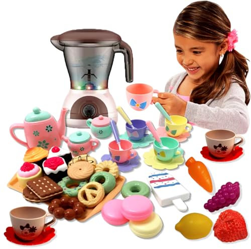COO11 2-in-1 Kids Kitchen Pretend Play Set - Blender Mixer Toy with Light and Sound and 36 PCs Colorful Tea Party Set, Play Food, Teapot, Cups and Accessories for Toddlers Ages 3+ Years