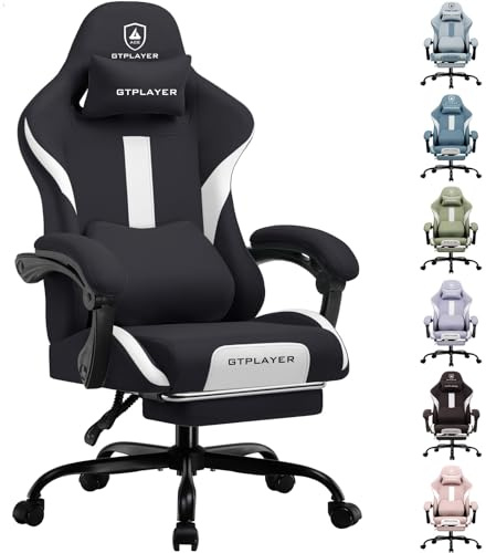 GTPLAYER Fabric Gaming Chair, Ergonomic Computer Chair with Footrest Lumbar Support Heavy Duty High Back Adjustable Height Svivel Office Desk Chairs (White)