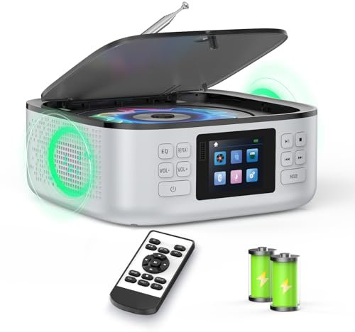 [2025 New] ARAFUNA Lecteur CD Portable pour la Maison, Boombox Rechargeable, Lecteur CD Bluetooth avec Haut-parleurs, Petit Lecteur Radio CD, écran LED Couleur, télécommande, Compatible FM/USB/AUX