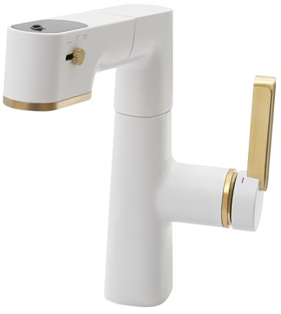 Wasserhahn Bad mit ausziehbar Brause, Waschtischarmatur aus Messing Einhebelmischer Badarmatur Waschbecken Mischbatterie Armatur für Badezimmer (Weiß+Gold)