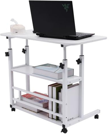 Beistelltisch Einstellbare 3 Etagen Sofatisch mit Rädern Laptoptisch Beistelltisch C-Form Sofatisch Laptoptisch mit Rädern für Wohnzimmer Arbeitszimmer Büro Beweglicher Tisch, Weiß, 80 x 40cm (L x B)