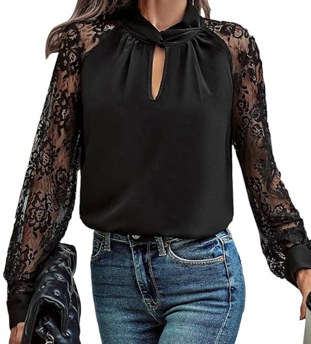 Blusa De Manga Larga con Detalle De Encaje Recortado, Blusa De Malla Transparente con Mangas Largas Y Encaje para Mujer (XL,Negro)
