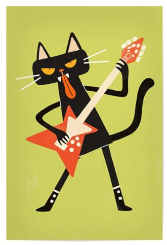 artboxONE Poster 90x60 cm Für Kinder Heavy Metal Katze hochwertiger Design Kunstdruck - Bild Katze e-Gitarre Gitarre