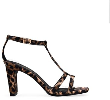 BOSANOVA Sandalias de Fiesta con Estampado Animal para Mujer, Detalle de Tira en T al Empeine y tacón en Bloque. Cierre de Pulsera con talonera Cerrada. Calzado para Mujer Leopardo 39