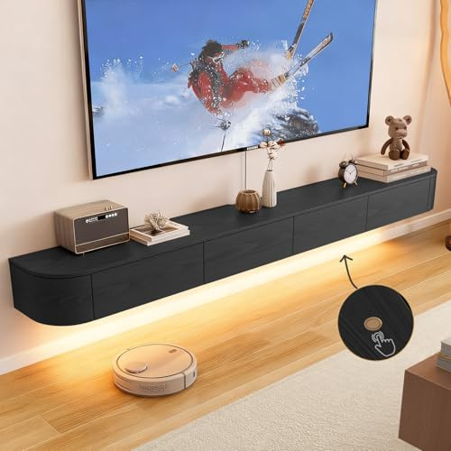 Ribanedy Meuble TV Suspendu Moderne avec Éclairage LED | Console de Divertissement Murale en Bois Massif et Portes à Rabat | Étagère Télé Design pour Salon & Bureau (Noir, 180cm)
