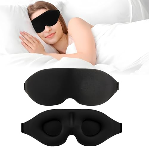 2 Stück 3D-Schlafmaske für Seitenschläfer, Schlafbrille, Sleeping Mask, Sleep Mask, Verstellbares Gummiband, Schattierung und Atmungsaktiv, Unisex, Geeignet für Reisen, Büro, Yoga (Schwarz)