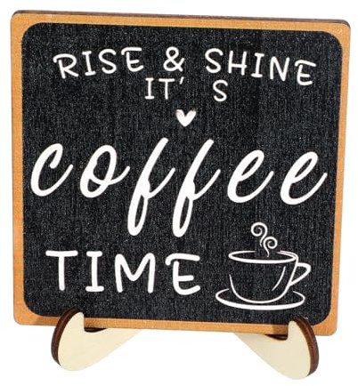 TIESOME Letrero de madera para bar de café, 4 x 4 pulgadas, letrero de madera Rise and Shine It's Coffee Time con soporte de madera, decoración de bar de granja