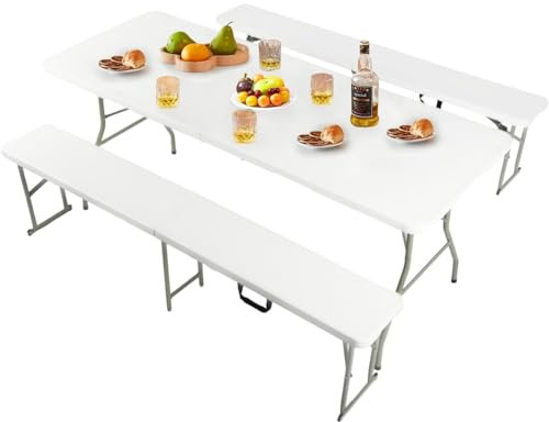 HOMYLIN 3-teiliges Gartenmöbelset, modernes klappbares Design, langlebiger tragbarer Tisch und Bank, Außen- oder Innengebrauch, ideal für Picknicks und Veranstaltungen, weiß