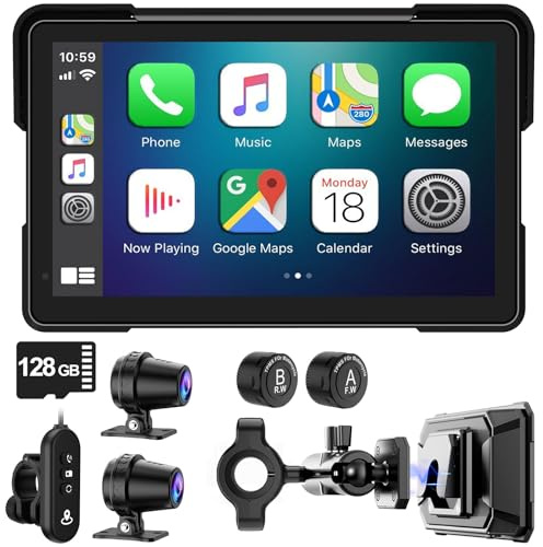 FancyTiger 7 Inch Wireless Motorcycle Carplay with Android Auto, Carplay GPS Navigation System and HD Waterproof Touch Screen, TPMS, Bluetooth Dual 1080P Camera/Dash Cam, Quick-Release Magnetic Mount