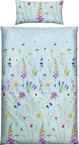 REDBEST Seersucker Bettwäsche Wiesenblumen hellblau Größe 40x80 cm / 135x200 cm - sommerlich-leicht, pflegeleicht, bügelfrei, mit Reißverschluss