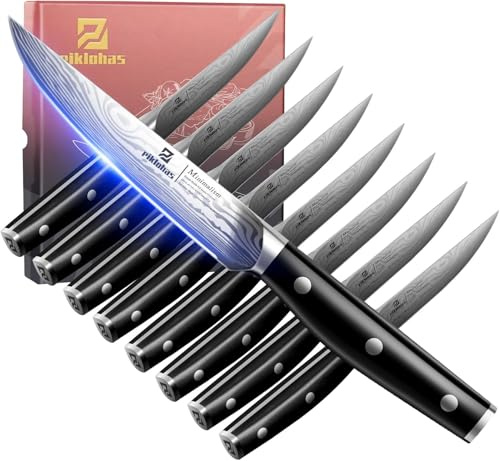 Piklohas Steakmesser Set 8 Teilig, 11,7 cm Glattklingen Dinnermesser | Geschmiedete Deutsche Stahl Damastmuster-Geradekanten-Fleischmesser mit Durchgehendem Griff, Ideal als Geschenk