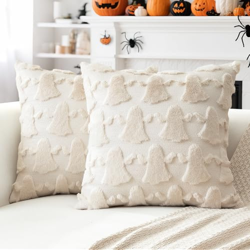 Artscope Set med 2 halloween kuddfodral mjuk plysch kort ull sammet höstdekoration, kuddöverdrag lyxig stil för soffa, sovrum, beige - spöke, 55 x 55 cm