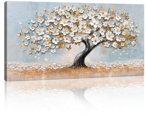 Grande Blanco Oro Floral Cerezo Árbol Marco de Madera Cuadros Decoracion Salon, Modernos Abstracto ‌Floreciente Pintura Lienzos Decor Cuadros Salón Pasillos Dormitorio Comedor Oficina 100x50cm