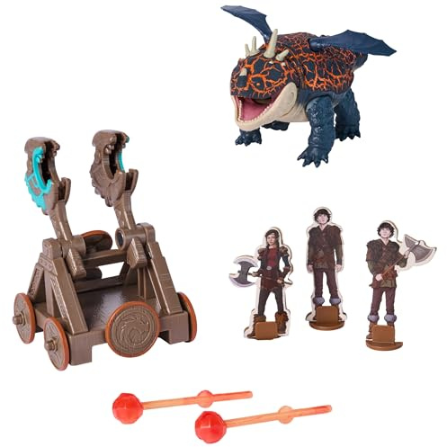 DreamWorks Dragons, Trial of Flame, Blazing Battles Catapult Blast Gronckle Playset, Dragon Figure Playset with 3 Cardboard Viking Figures for Ages 4 and up