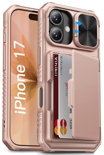 Vihibii für iPhone 17 Hülle mit Kartenfach (4 Karten), Kamera Schutzabdeckung, Militärschutz Stoßfeste Case, Kratzfest Robuste RFID Schutz Handyhülle für iPhone 17 6.3 Zoll 2025, Rosé Gold