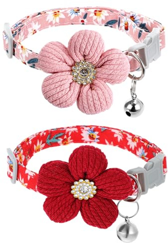 Guduling 2 Pcs Cat Collar Pink,Cat Collar Cute with Flower,Pink Kitten Collars with Bell,Floral Pet Collars with Safety Buckle for Cats and Puppy Dog