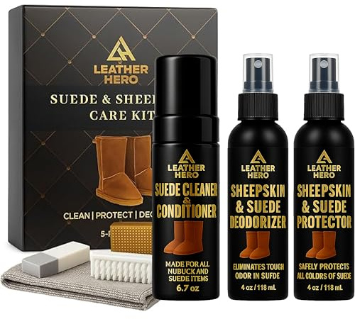Leather Hero Suede & Sheepskin Cleaning Kit – Compatible with UGG Boots – Foam Cleaner & Conditioner, Water & Stain Protector, Deodorizer, Eraser, Brushes & Cloth – 7-Piece Complete Care Set