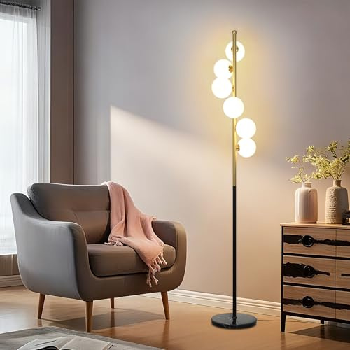KlkrzJwy Lampada Da Terra A 6 Luci, Stile Mid-Century, 160 Cm, In Vetro A Globo, In Marmo, Con LED 3000K, Lampada Alta A Forma Di Albero Dorato, Per Soggiorno, Camera Da Letto, Studio, Sala Lettura