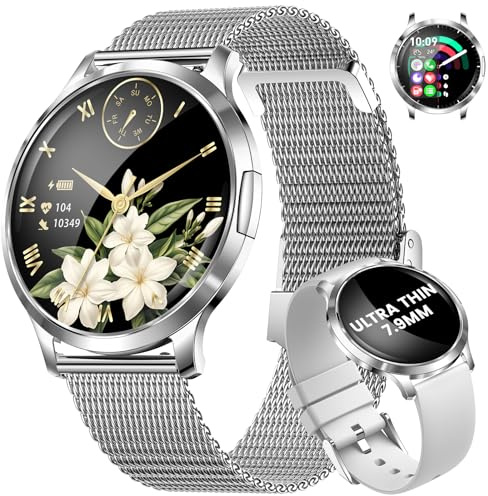 LIGE Montre Connectée Femme 7,9mm Ultrafin 1,32 AMOLED Appel Bluetooth Argenté Acier Elegant Fitness Tracker Sport Smartwatch pour Android iOS,Fréquence Cardiaque,Moniteur de Sommeil,Podomètre