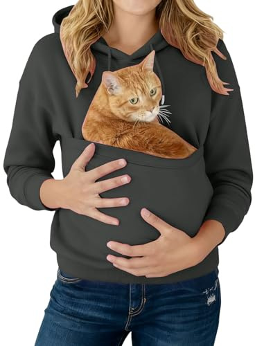 Générique Överdimensionerad tröja för kvinnor - känguru katt huvtröja fritid utomhus sweatshirt bekväma toppar enfärgad huvtröja med dragsko sweatshirt, Mörkgrå, L