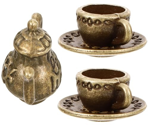 Gogogmee Mini Juego de Té en Miniatura para Casa de Muñecas Tetera Pequeña y Mini Tazas de Té Metálicas en Color Cobre Accesorio Decorativo para Microescenas y Decoración de Casas