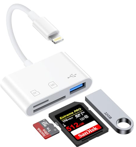 SD Kartenleser für iPhone, 3 in 1 Lightning USB Adapter SD Card Reader Adapter für Micro SD/SD, mit USB 3.0 OTG Anschluss Kamera SD Kartenleser für iPhone 14/13/12/11/8/7/6/Plus/Pro/Max