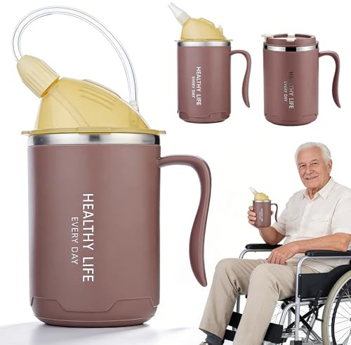 SGZIOO Beakers for Elderly 450ml, 3 in 1 Sippy Cup for Adults, Non Spill Cups for Elderly, Adult Sippy Cups for The Elderly Non Spill, with Lid, Straw, Brush, Aids for Daily Living (Coffee)