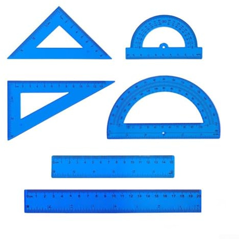 Set di 6 pezzi in plastica trasparente con goniometro, righelli triangolari e strumenti di misurazione a bordo dritto, per geometria, materiale scolastico (blu)