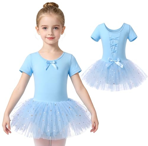 JinBei Ragazza Vestito da Balletto con Paillette Tutu Danza Classica Bambina Cotone Manica Corta Body da Danza Confortevole Abbigliamento Bambini per Concorso Saggio Casual 6-7 Anni, Blu