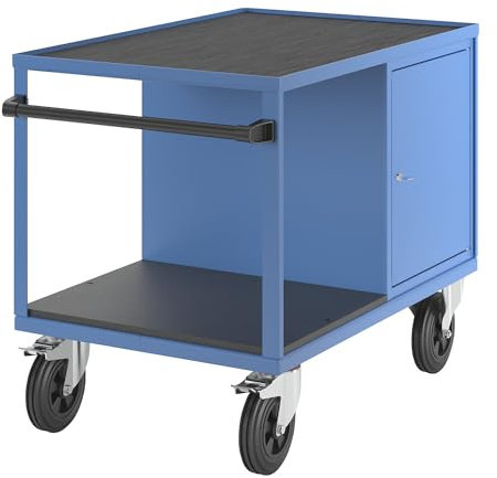 eurokraft | Montagewagen | Tragfähigkeit 500 kg | 1 Schrank rechts | Arbeitsfläche aus Riefengummimatte | lichtBlau RAL 5012