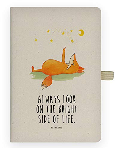 Mr. & Mrs. Panda DIN A4 Baumwoll Notizbuch Fuchs Sterne - Geschenk, Sternengucker, Spruch positiv, Mond, Spruch schön, Always Look on the Bright Side of Life, Kladde, Journal, Schreibheft, entspannt