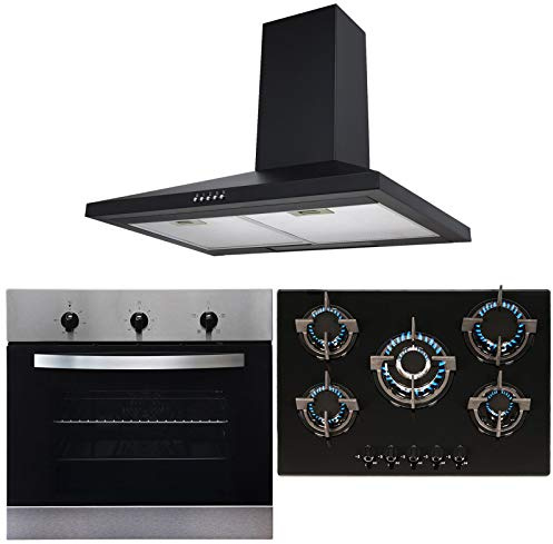 SIA Black Single Electric True Fan Oven, 5 Burner Gas Hob And Chimney Hood Fan