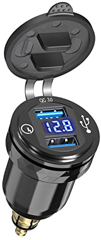 Qidoe DIN Hella Steckdose Adapter für BMW Motorrad: Aluminium Dual USB EU Stecker 12V QC3.0 Anschluss Wasserdicht Ladegerät mit LED Voltmeter für iPhone DC 12-24 Volt Europäisch Ducati Triumph BMW
