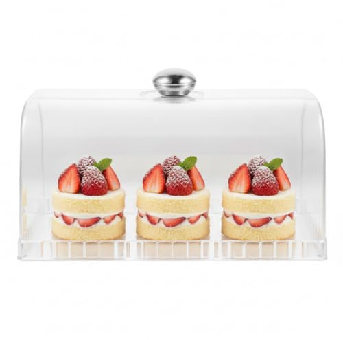 Housoutil Transparent Rectangle Cake Display Stand with Dome Lid 10.6In Clear Plastic Cover for Bakery Cake Dessert Protection