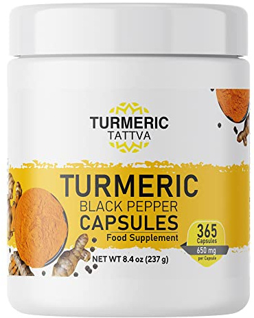 Turmeric Tattva Turmeric Capsules with Black Pepper 365 Count | Turmeric Capsules with Black Pepper 365 Vegetarian Capsules High Curcumin One Capsule Per Day Daily Nutrition Support