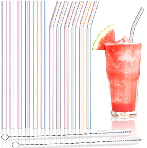 NiHome Glasstrohhalme Wiederverwendbar 12 Stück - 6 Gerade & 6 Gebogene, 20 cm x 8 mm, mit 2 Reinigungsbürsten, Ideal für Milchshakes, Smoothies, Spülmaschinenfest, Umweltfreundlich