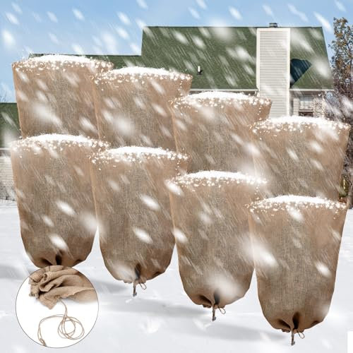 Sackleinen-Winter-Pflanzenabdeckungen, wiederverwendbar, warm, groß, Frostschutz mit Kordelzug, Frostschutz, Baum-Gefrierdecke für Gartenpflanzen, 101,6 x 142,2 cm, 8 Stück