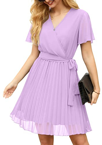 GRECERELLE Womens Summer Casual Wrap Dress Chiffon Cute Pleated Beach Tie Waist Dresses for Women (Light Purple, L)